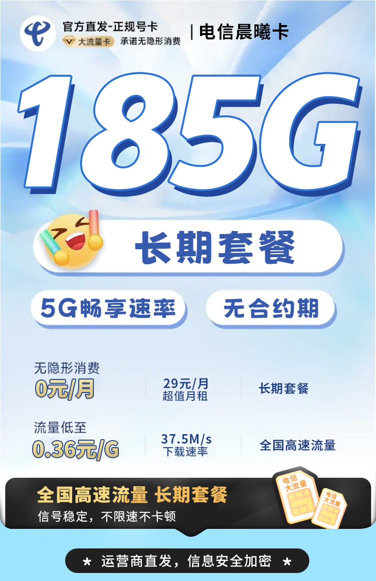 电信晨曦卡29元185G流量+长期套餐  第1张