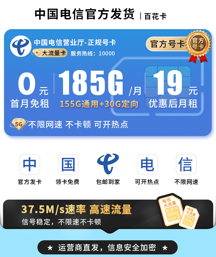 电信百花卡19元185G流量  第1张