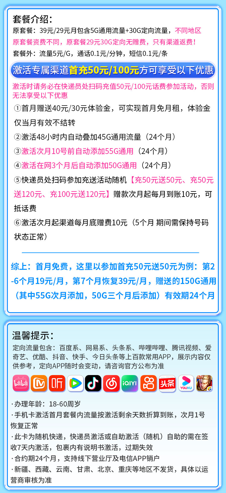电信百花卡19元185G流量  第2张