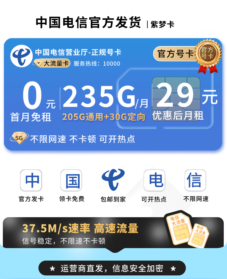 电信紫梦卡29元235G流量+100分钟通话  第1张