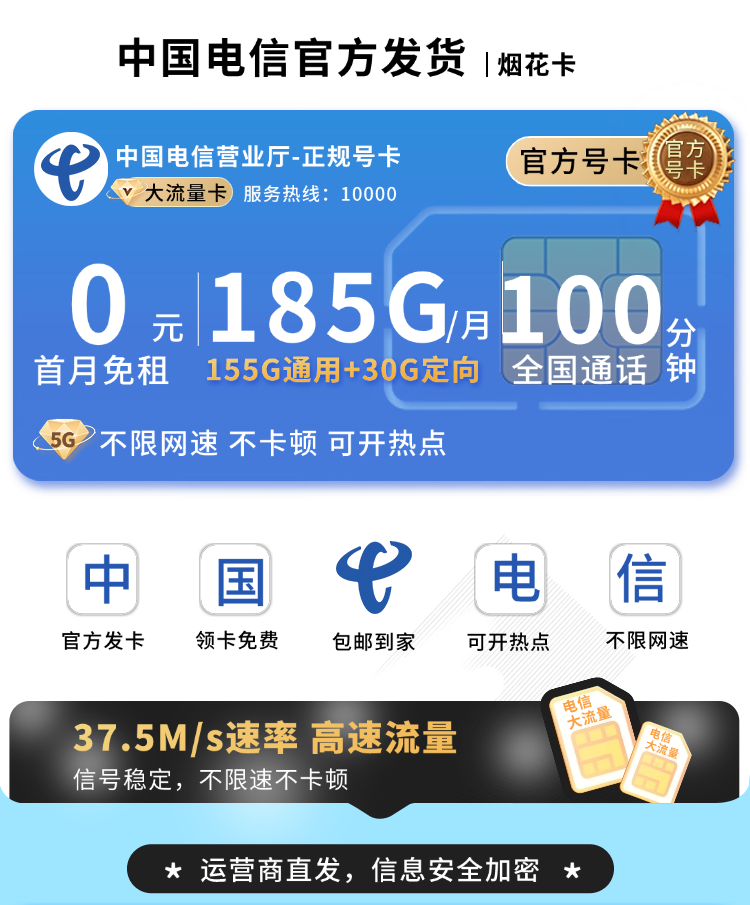 电信烟花卡29元185G流量+100分钟+长期套餐  第1张
