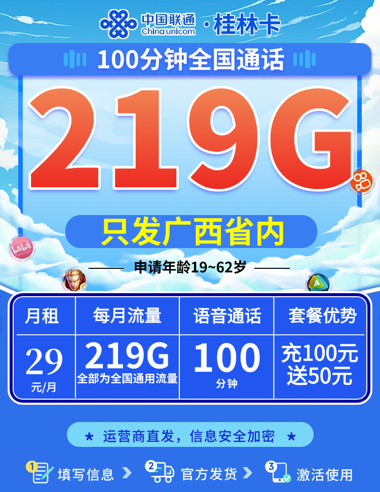 联通桂林卡29元219G流量+100分钟  第1张