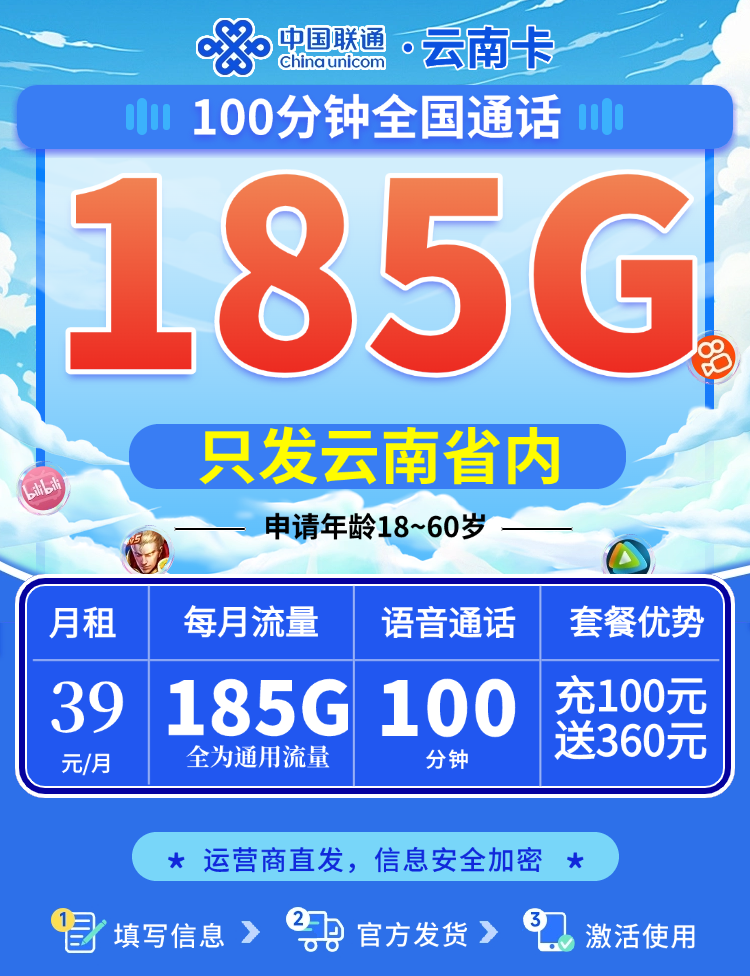 联通云南卡39元185G流量+100分钟  第1张