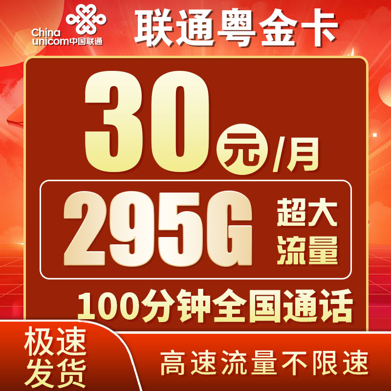 联通粤金卡30元295G流量+100分钟