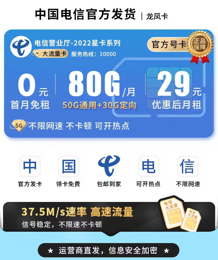 电信龙凤卡29元80G流量+可选号  第1张