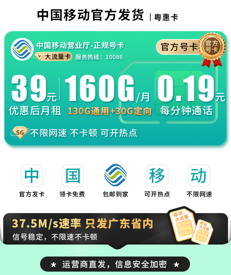移动粤惠卡39元160G流量+广东专属  第1张