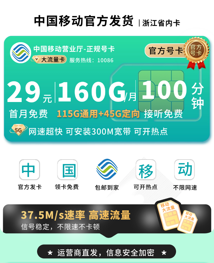 移动浙江卡29元160G流量+100分钟+300M宽带+浙江专属  第1张