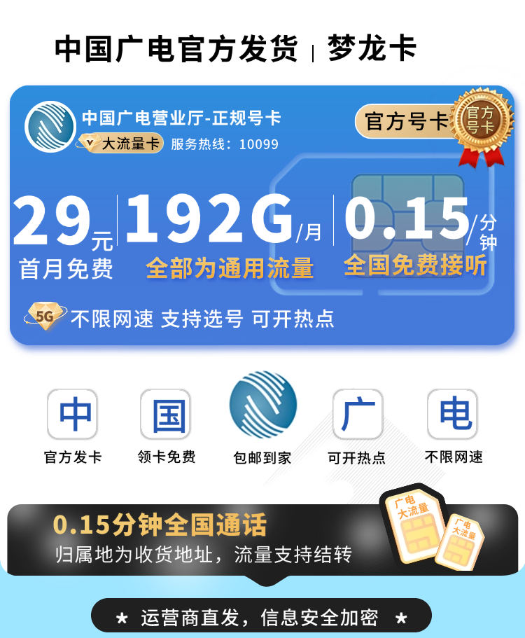 广电梦龙卡29元192G通用流量+可选号+流量结转  第1张