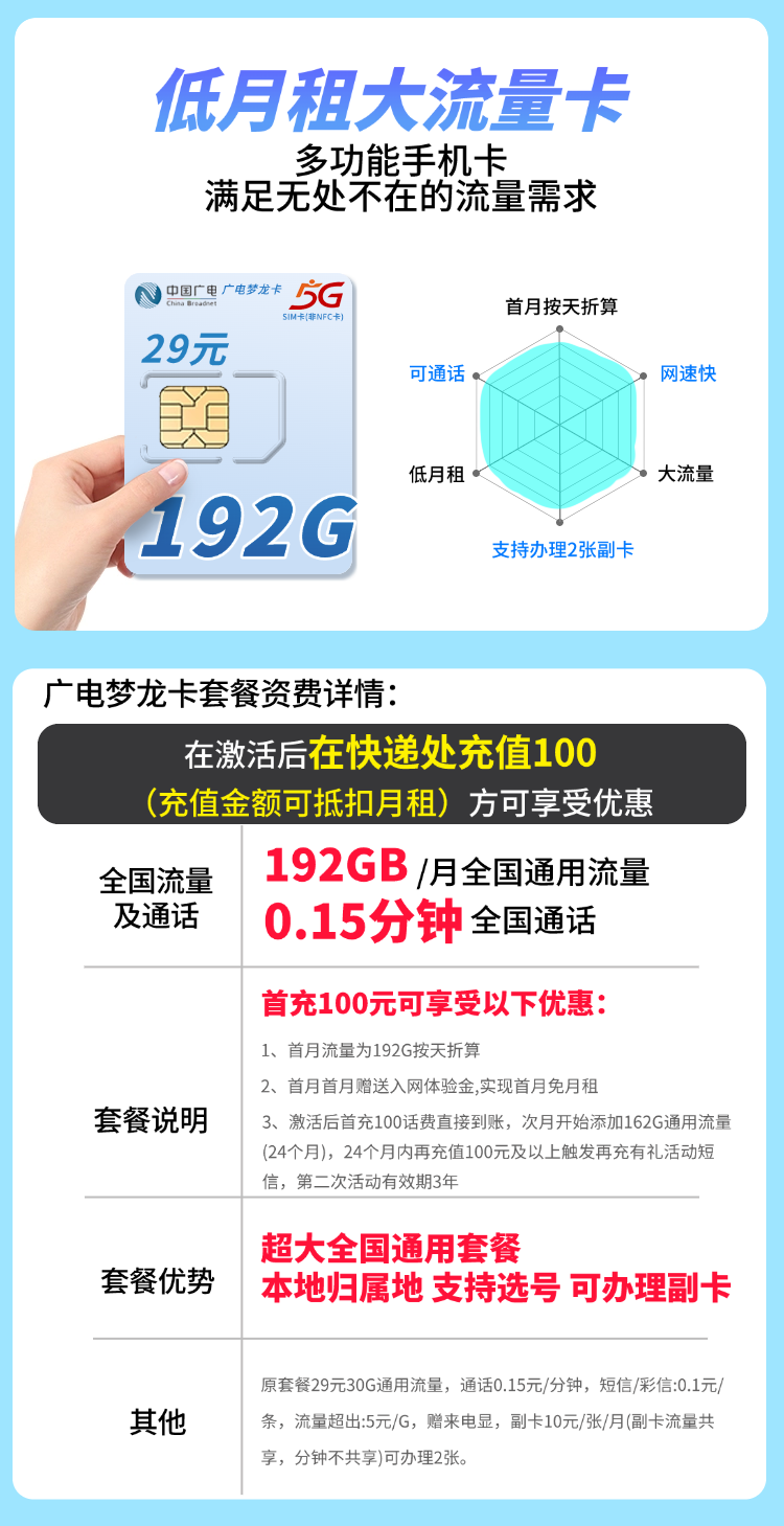 广电梦龙卡29元192G通用流量+可选号+流量结转  第2张