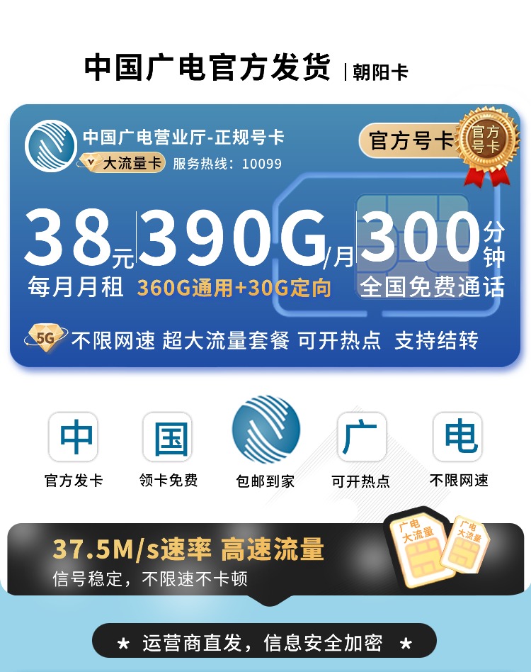 广电朝阳卡38元390G流量+300分钟  第1张