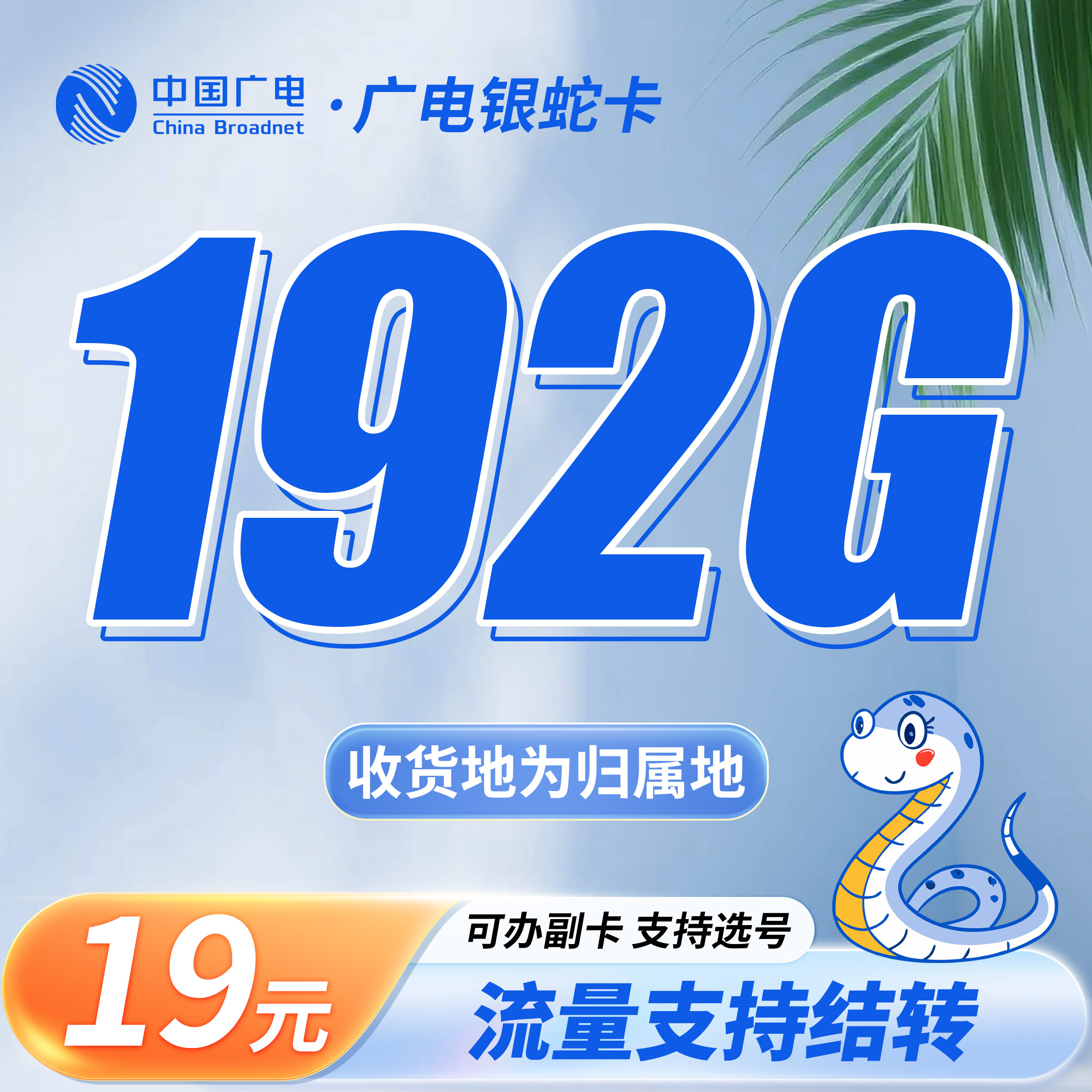 广电银蛇卡19元192G通用流量+可选号